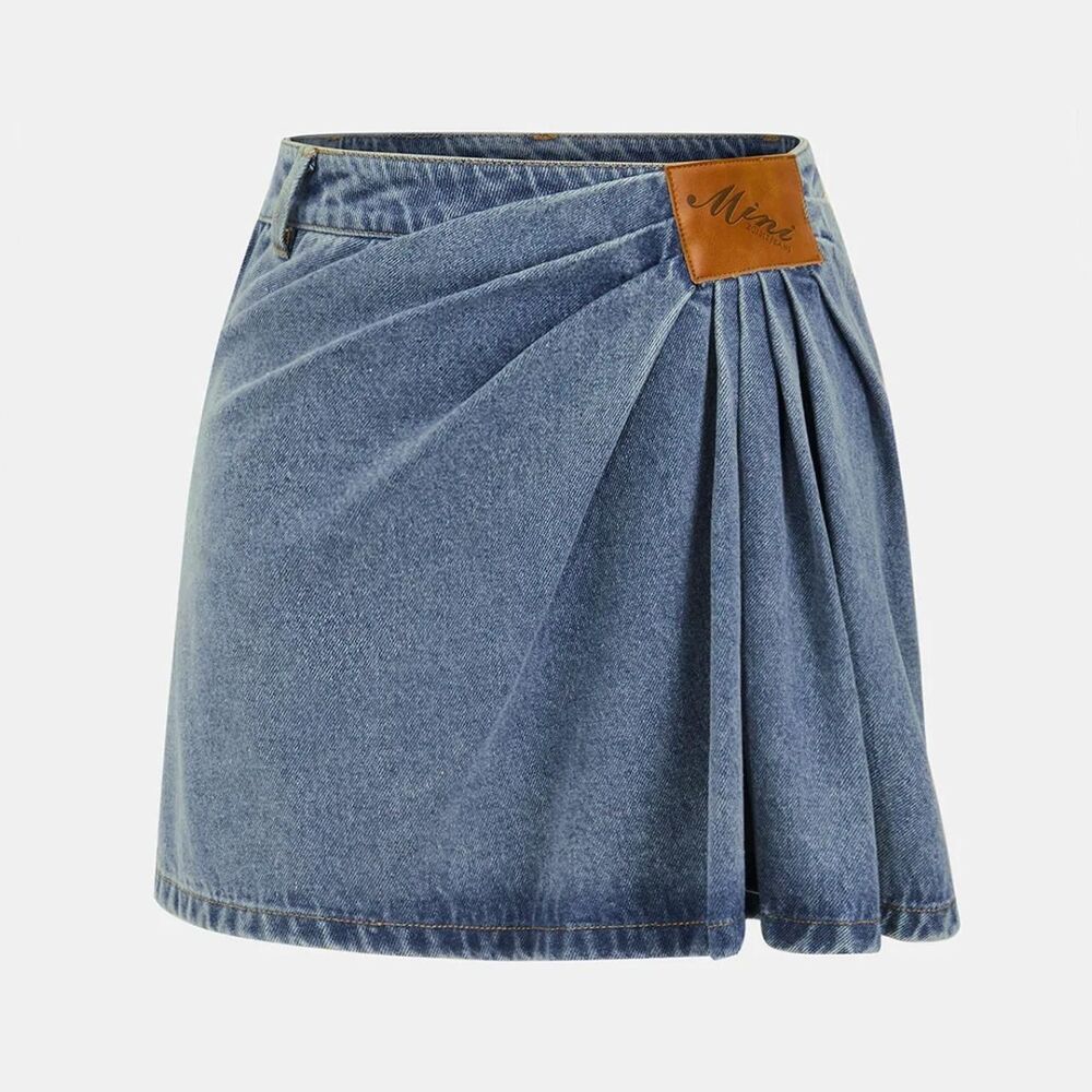 NWT Commense Asymmetric Pleated Denim Mini Skirt S